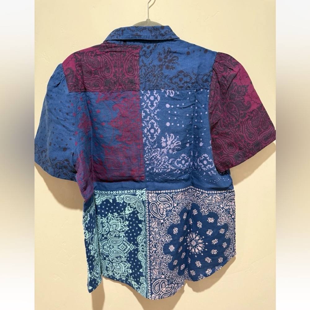 NWT Sundance Linen Patchwork Design Boho Button Up Short Sleeve - Picture 3 of 7